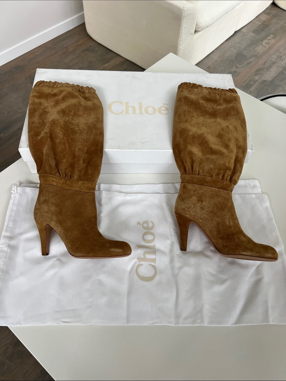 Chloe dune camel tan suede leather round toe heeled long boots size 37